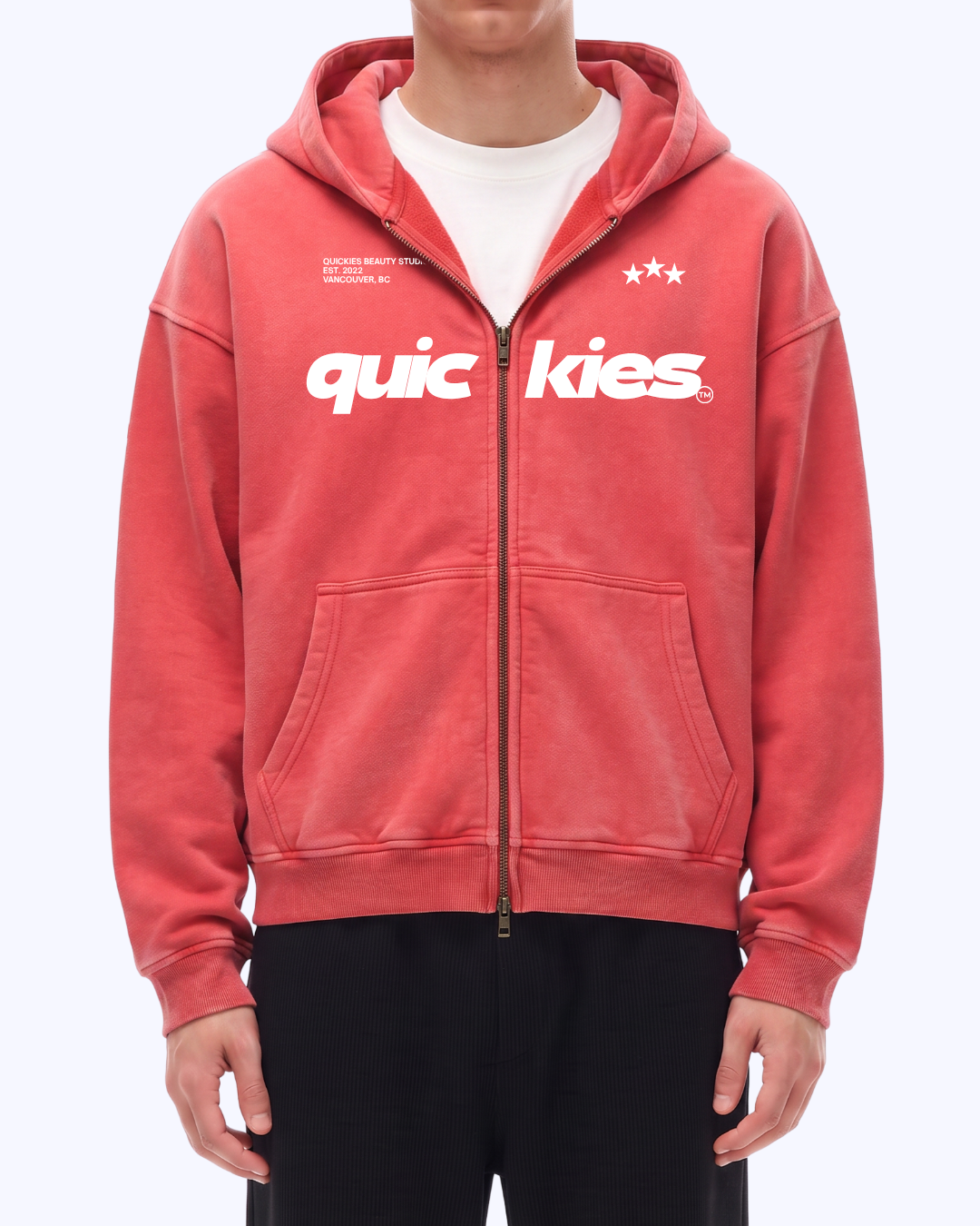 Studio Double-Zip Boxy Fleece Hoodie (Tomato/White)