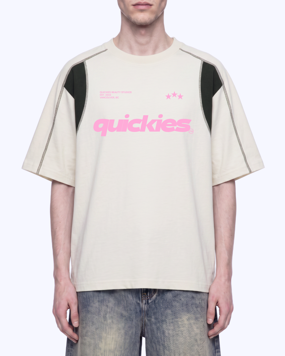 Studio Boxy Raglan Colour Block Stitch Tee (Vanilla/Black/Bubblegum)