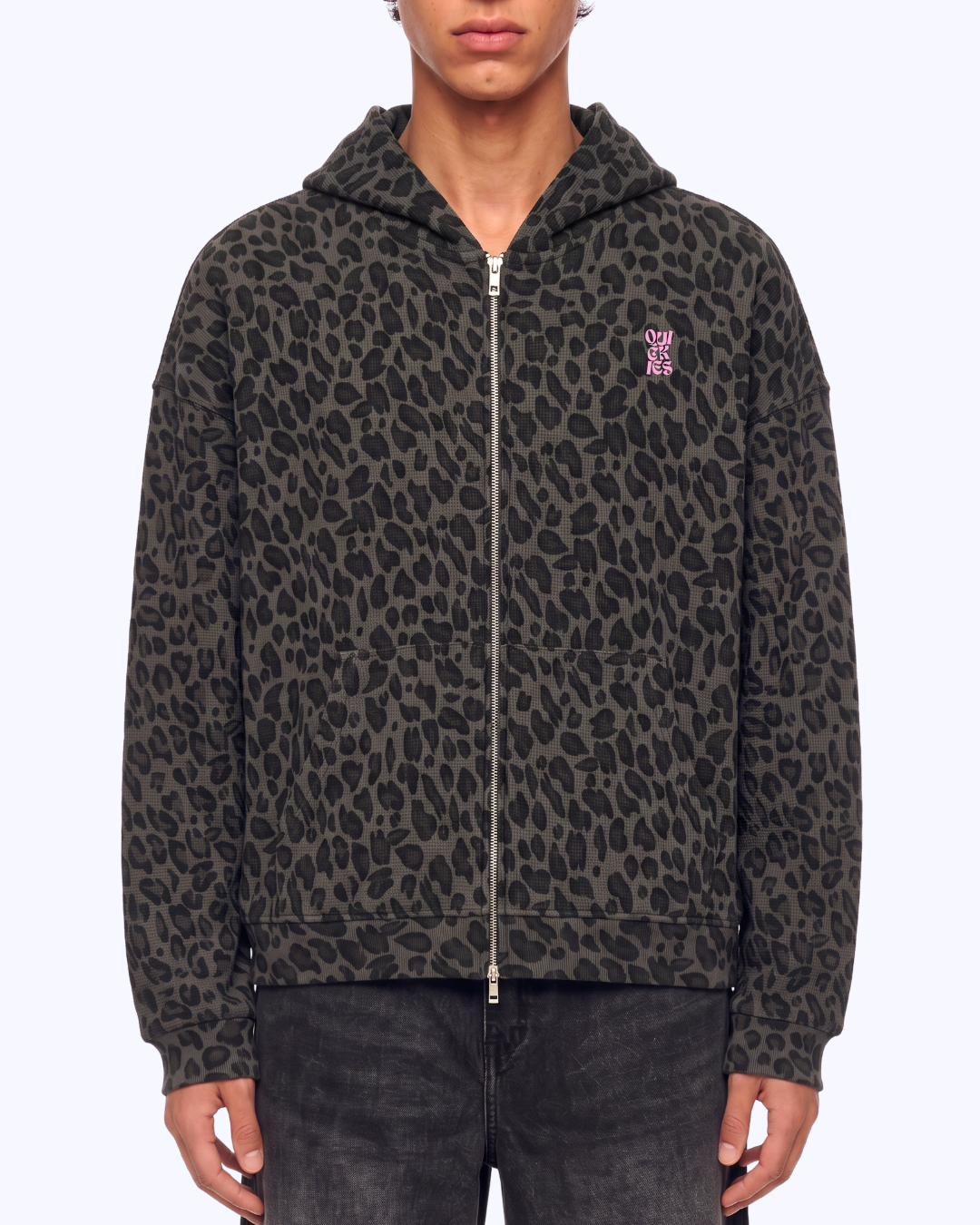 Wanna Have A Quickie? Waffle Double Zip Hoodie (Grey Leopard/Bubblegum)