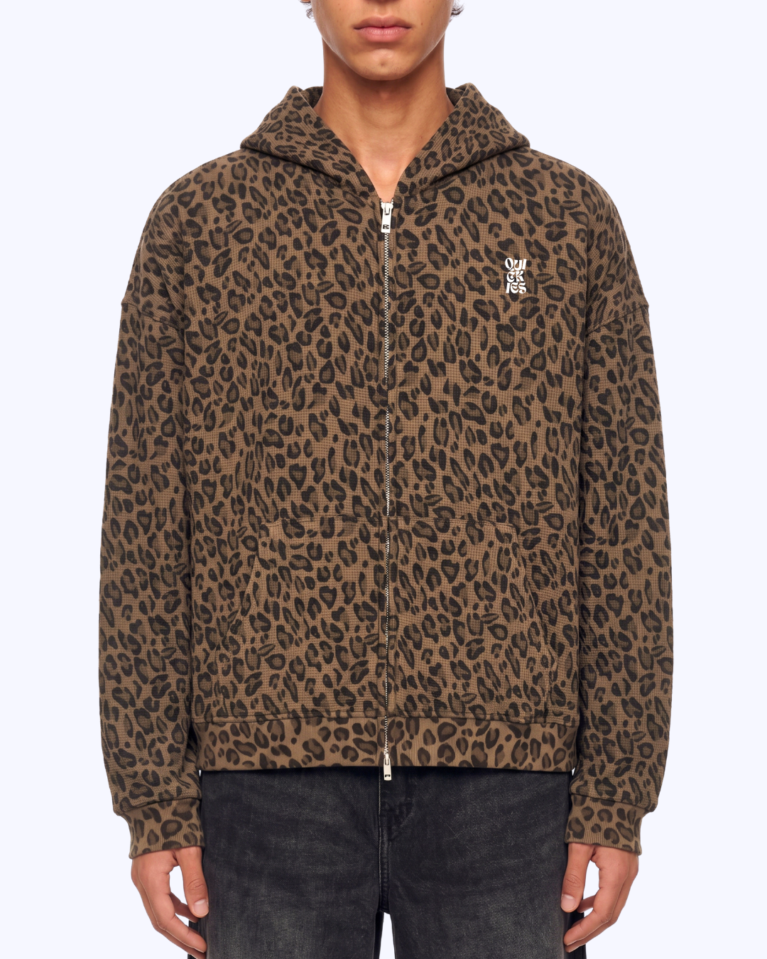 Wanna Have A Quickie? Waffle Double Zip Hoodie (Brown Leopard/White)