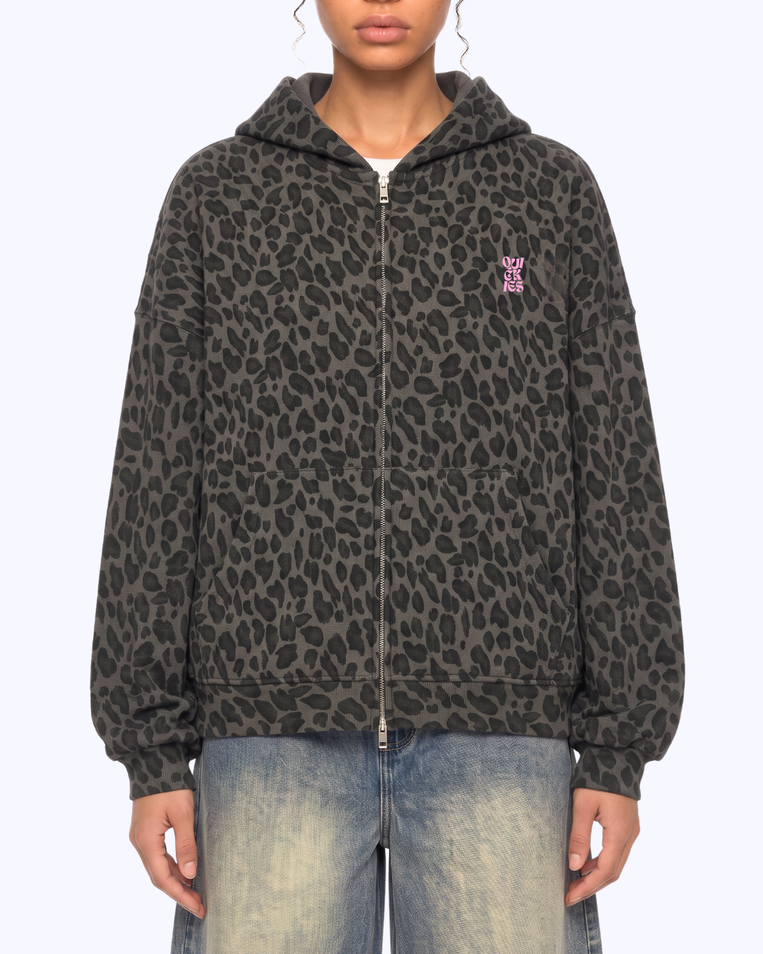 Wanna Have A Quickie? Waffle Double Zip Hoodie (Grey Leopard/Bubblegum)