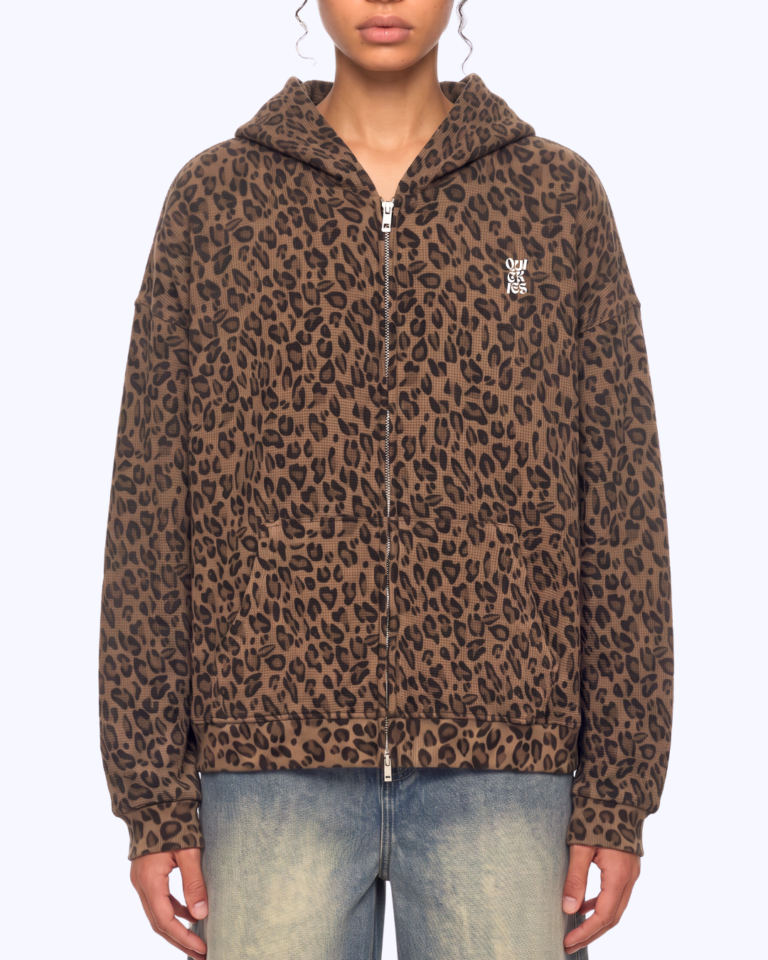 Wanna Have A Quickie? Waffle Double Zip Hoodie (Brown Leopard/White)