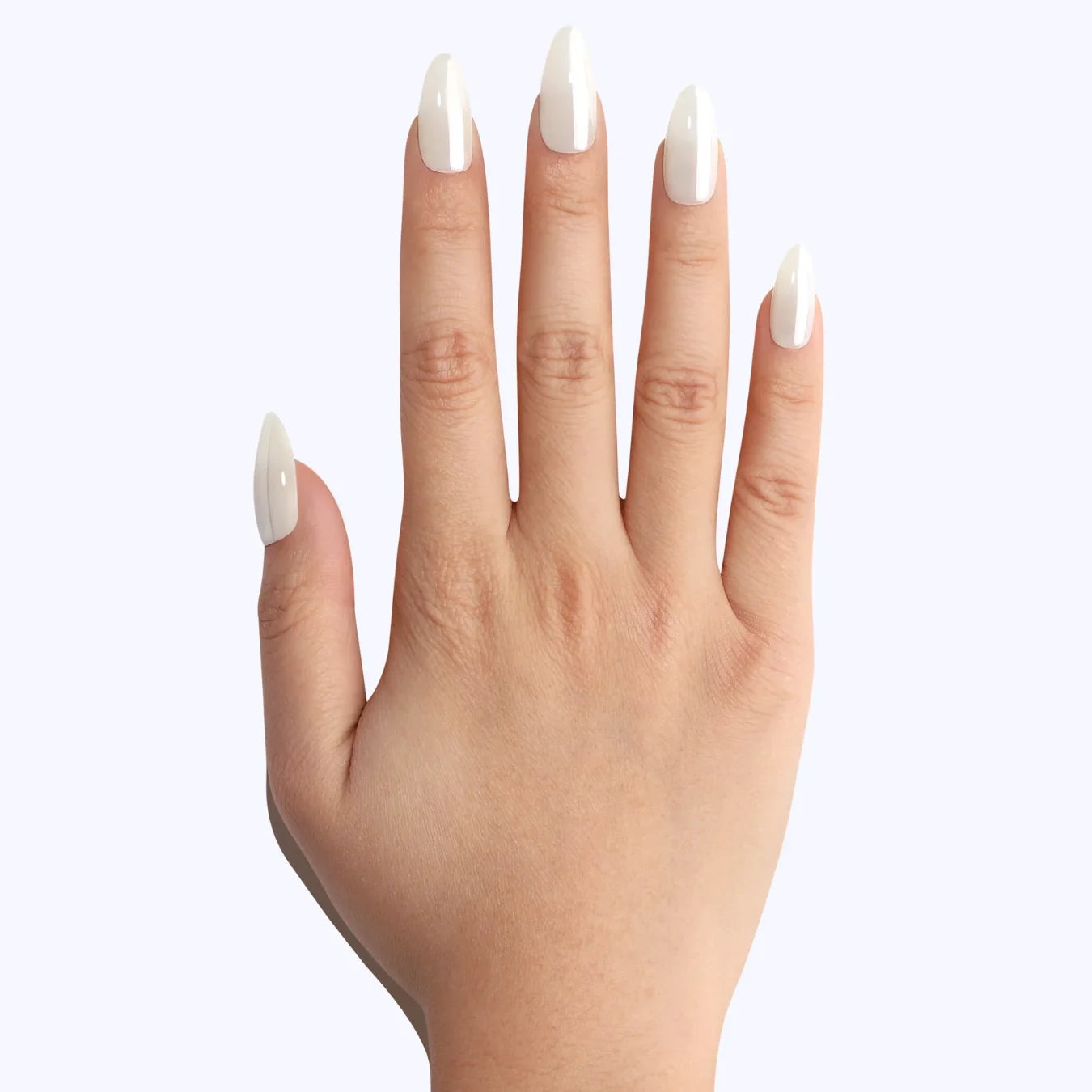 Hand wearing glossy white almond press-on nails