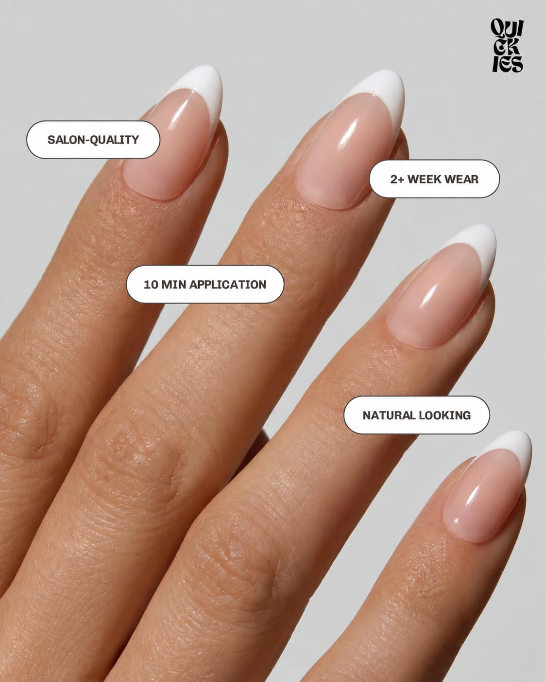Classic French tip almond press-on nails labelled salon-quality, 2+ week wear, 10 min application and natural looking