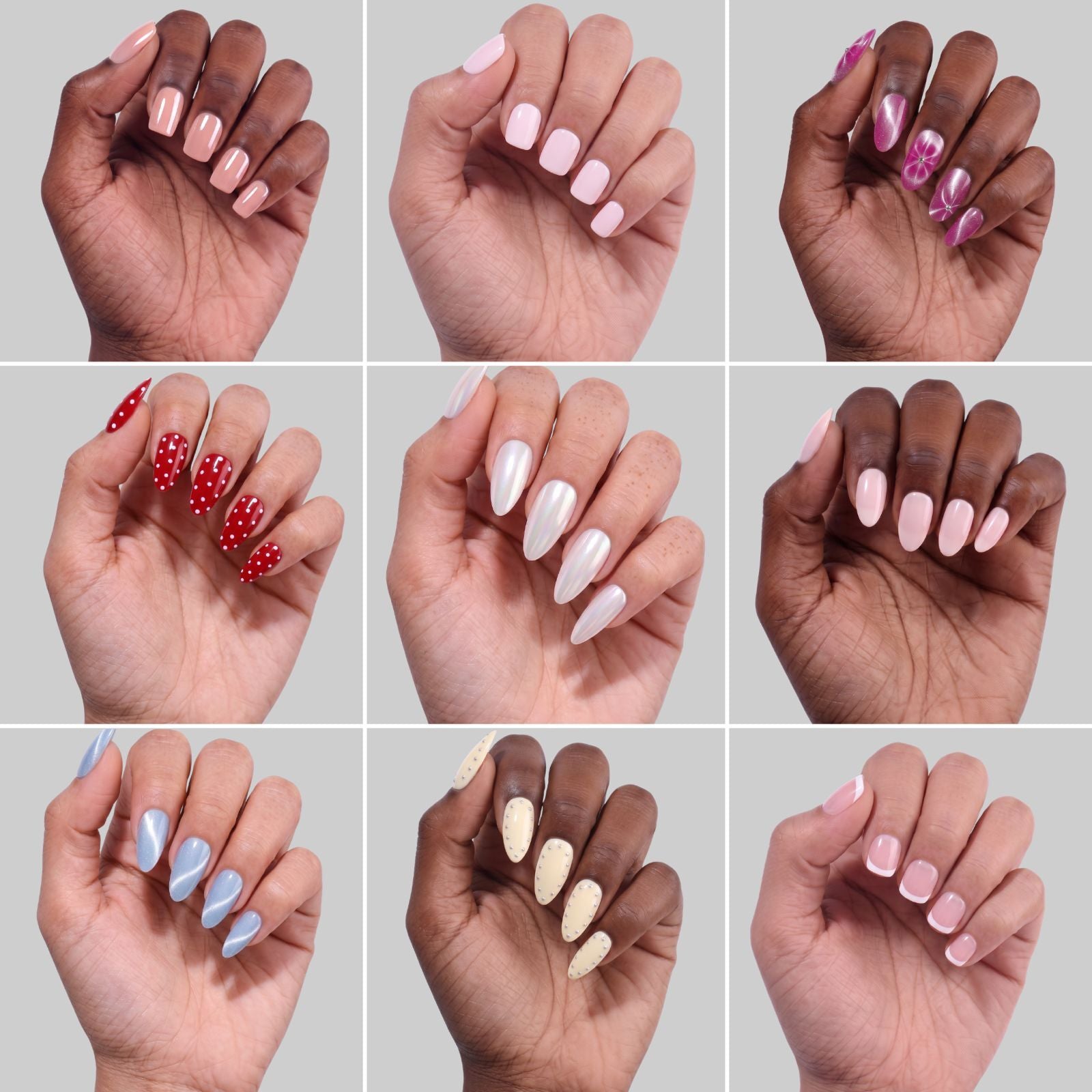 Nine Quickies nail designs including pink, chrome, red polka dots and French tips